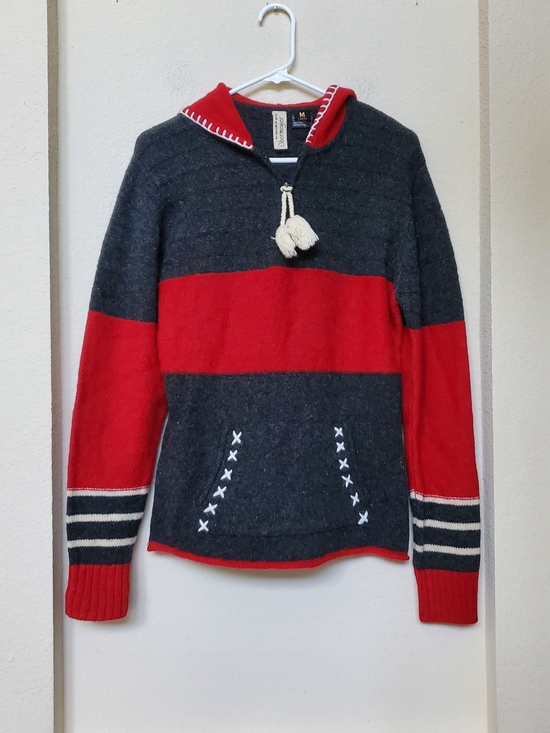 Obermeyer Sweaters - Obermeyer Charcoal & Red Striped Hooded 100% Wool Sweater.  Size Medium
